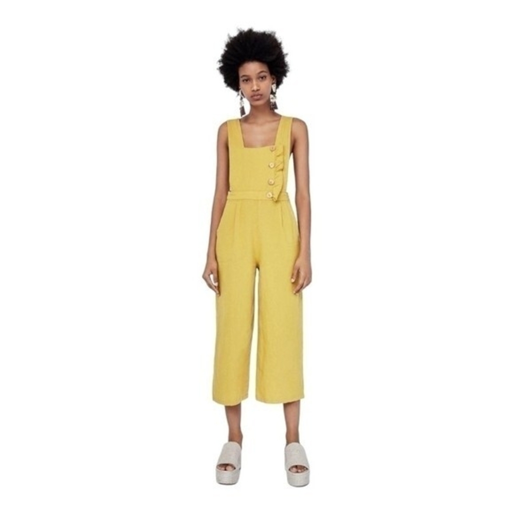 ZARA Gold Ruffled Jumpsuit XS/S Sleeveless Cropped Linen Cotton Zip Side VG - Picture 6 of 13